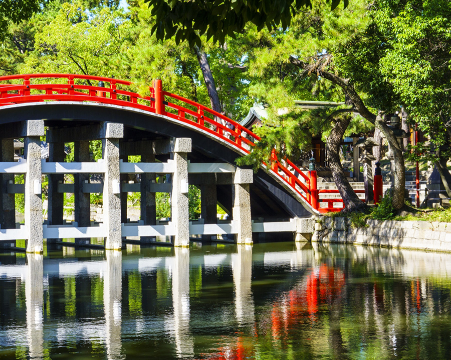 午後の反橋（太鼓橋）で写真撮影